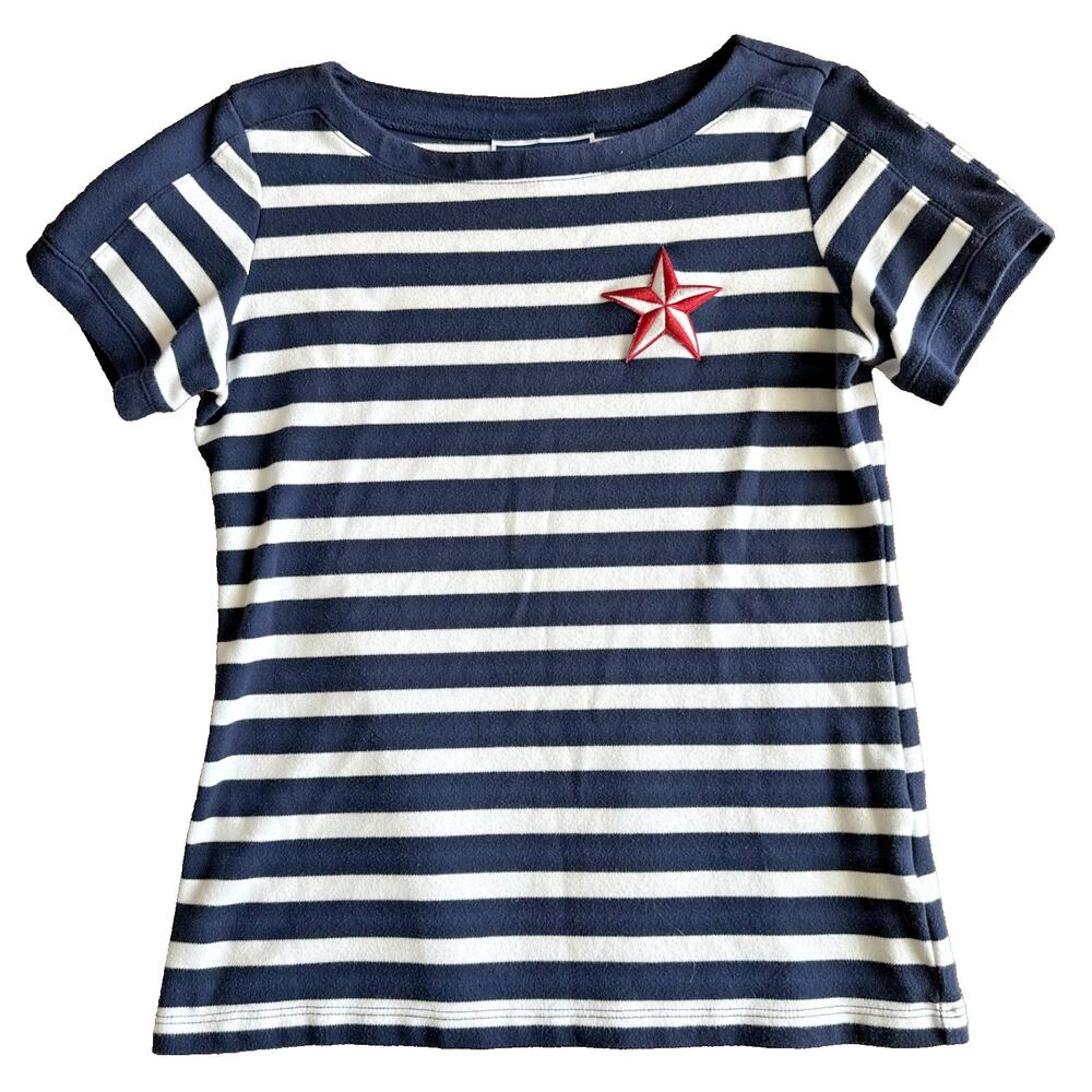 Karen Scott Women's Shirt Short Sleeve Patriotic Blue White Stripe Star Cotton S